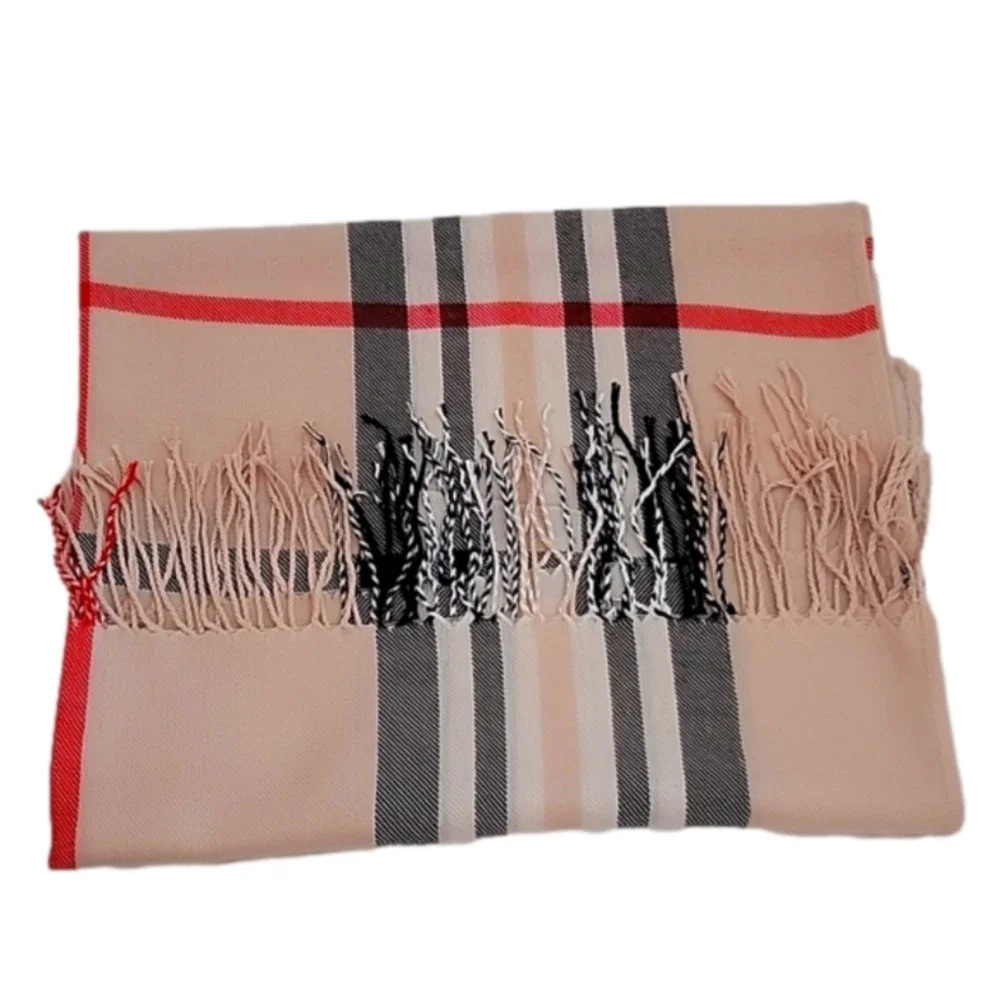 Pashmina Silk Tartan Plaid Long Brown Tan Nova Check Pattern Fringe New Scarf